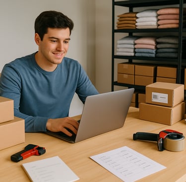 Man working at desk with laptop and stacked cardboard boxes on shelves behind him.