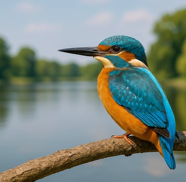 Colorful bird perched on branch near water — symbolizing selling stock photos and videos as a passive income stream