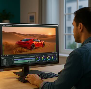 Man editing a sports car image on a desktop monitor for a tech and AI side hustle
