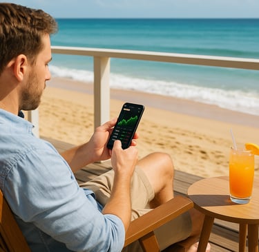 Man sitting on beach chair using smartphone to manage passive income and investing side hustle