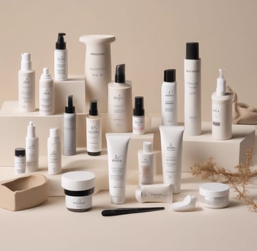 A collection of cosmetic and skincare products laid out on a white surface. These include facial masks, creams, and serums from various brands. The items are casually arranged, with some still in their packaging. The scene includes both rectangular and cylindrical packages with colorful labels.