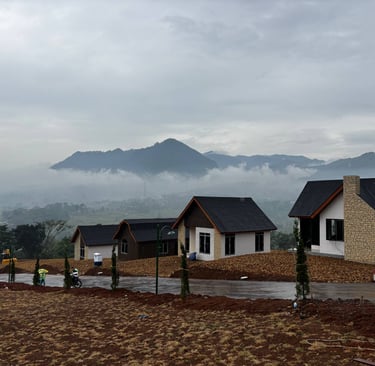 a row of houses with a mountain in the background