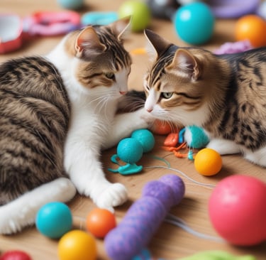 Two tabby cats with distinct patterns sit in the foreground, wearing collars, while a shop filled with pet supplies serves as the backdrop. Various bags and containers are visible, along with price tags and colorful packaging.