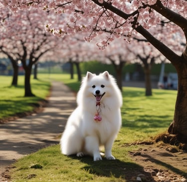 Japanese Spitz Adult Dog in Sakura Park. Rare designer dogs breed