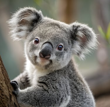 A cute Australian koala with fluffy ears clinging to a tree trunk in a natural habitat.