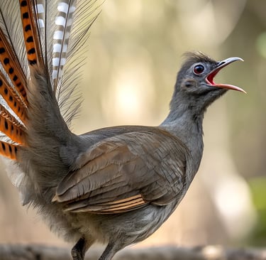 A Superb Lyrebird calling with its beak open and ornate tail feathers displayed in an Australian forest.