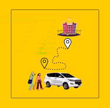 Reliable outstation taxi service featuring a white SUV, passengers with luggage on a yellow background