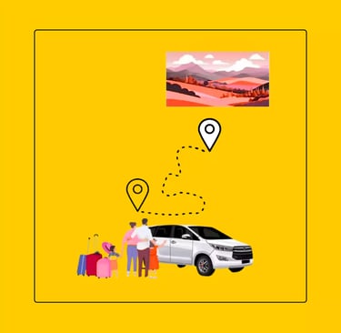 Tour package taxi service featuring a family with luggage, a white SUV on a yellow background