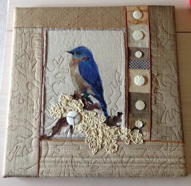 Bluebird of Happiness by Lu Peters. Art quilt using image transfer of digital photo by Brett Peters.
