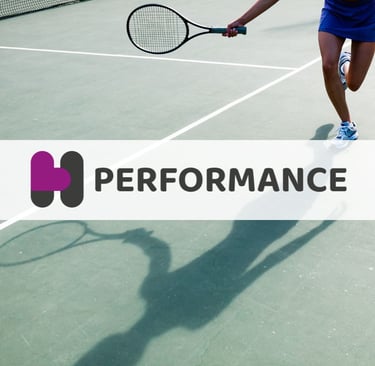 Service badge for Performance, with an image of a woman playing tennis