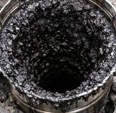 Conduit de cheminée fortement encrassé par du bistre dans une gaine inox, réduisant le tirage 