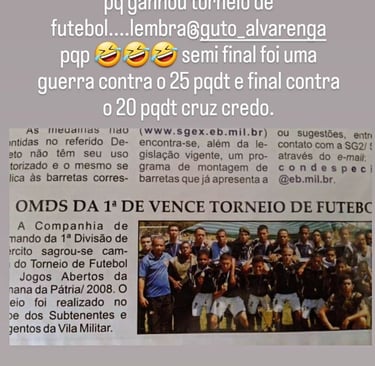 A vintage newspaper clipping showing a Brazilian military soccer team celebratory group photo after a tournament win.