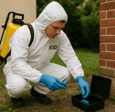 Technicien deratiseur qui réalise une dératisation ,,