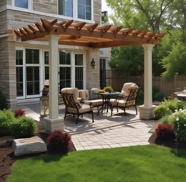 A small landscaped garden with neatly arranged stepping stones on a lush green lawn. Tall palm trees are scattered, providing shade and adding a tropical feel. The area is enclosed with black iron railings and a beige wall. In the background, distant hills are visible against a partly cloudy sky.
