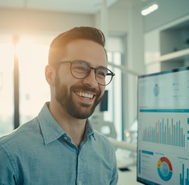 Happy Dentist seeing the results of how his dental clinic stands out from competition