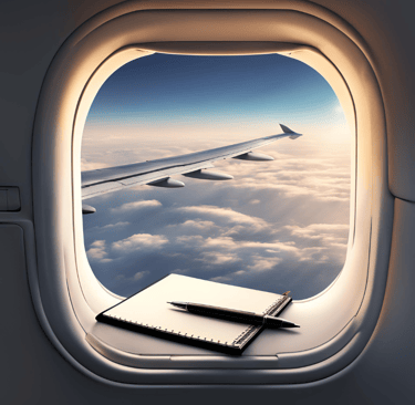 airplane window seat, notepad and pen
