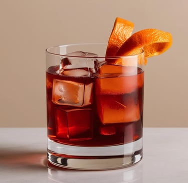 A negroni cocktail on the rocks in a whiskey glass, served with an orange twist.