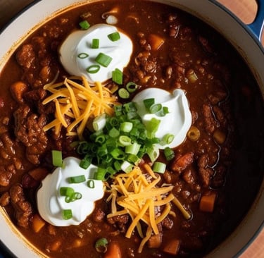 A pot of beef chili garnished with cheese, sour cream, and green onions