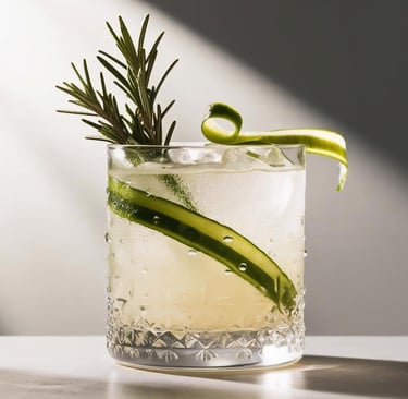 A refreshing drink garnished with a cucumber ribon and springs of rosemary.