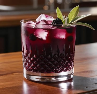 Purple blackberry drink with sage on a wooden bar table