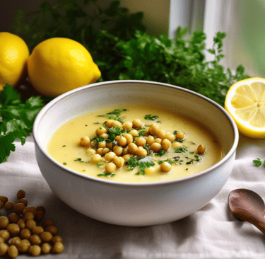 A bowl of Ikarian chickpea and lemon soup garnished with parsley 