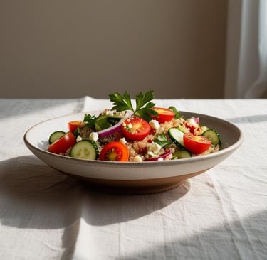 Quinoa salad with red onions, parsley, cherry tomatoes, cucumbers, and feta cheese.