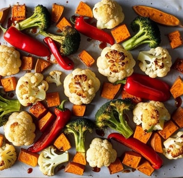 Oven roasted broccoli, cauliflower, bell peppers, and sweet potatoes.