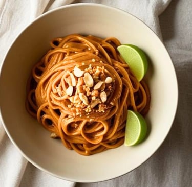 Peanut butter noodles garnished with crushed peanuts and lime wedges.