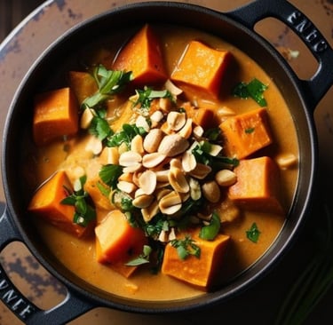 West African peanut stew with large chunks of sweet potato, parsley leaves and peanuts