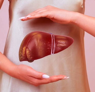 Mujer con la representación de un hígado graso entre sus manos