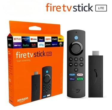 Amazon Fire TV Stick Lite with Alexa Voice Remote and original orange product packaging.