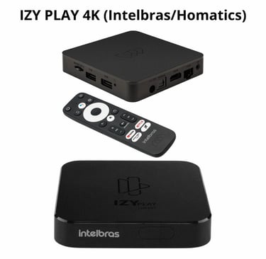 Intelbras IZY Play 4K Smart TV Box packaging with remote control and Android TV features.