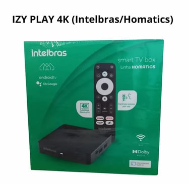 Intelbras IZY Play 4K Smart TV Box packaging with remote control and Android TV features.