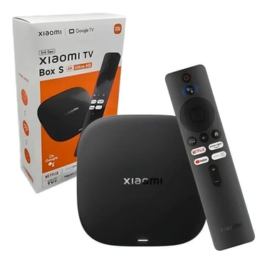 Xiaomi TV Box S 3nd Gen 4K Ultra HD streaming device with remote control and product packaging.