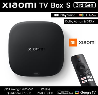 Xiaomi TV Box S 3rd Gen with remote, featuring Dolby Vision, HDR10+, and Google TV.