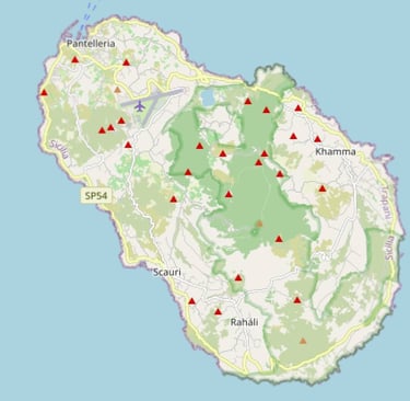 Illustrated map of Pantelleria island with geographic outlines and coastal landscape