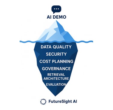 Iceberg infographic: AI Demo tip above, backend layers below for FutureSight AI services