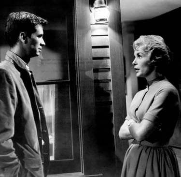 A photo of Anthony Perkins and Janet Leigh from a scene in Alfred Hitchcock's film "Psycho."