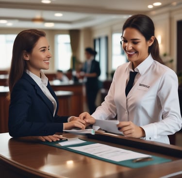 A spacious lobby area with polished floors and a row of modern turnstiles leading to a corridor. On the right, a long black marble reception desk with several people sitting and working. Glass walls and indoor plants enhance the open and bright atmosphere.