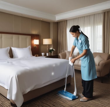A modern hotel reception area featuring a sleek design. The counter is equipped with digital displays and several computers. The ambient lighting is warm, with pendant lights hanging from the ceiling. Decorative ropes guide visitors along the polished, reflective floor. There is a potted orchid on the counter, adding a touch of elegance.