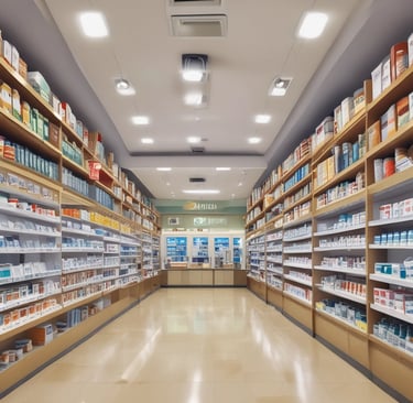 A small illuminated pharmacy storefront is present with signs in Thai script. The interior is well-lit, revealing various products displayed on shelves. A car is parked in front of the store under a streetlamp, and numerous tangled electrical cables run above.