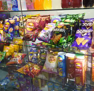 Chinese and Japanese lays chips, Pringles, flavored popcorn and gummy candy exotic