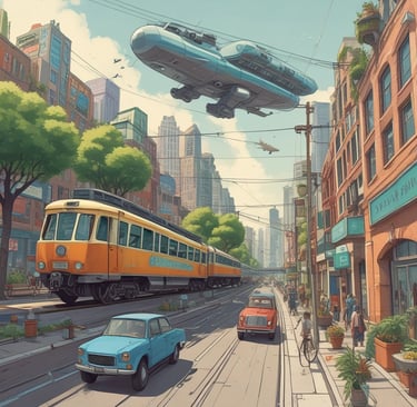 a train is flying over a city street