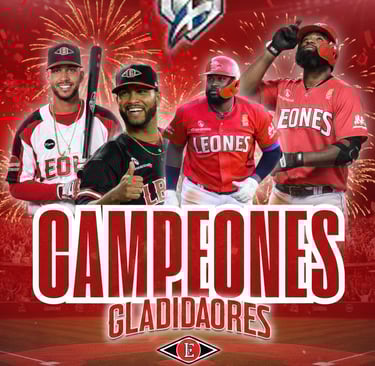 Leones del Escogido baseball players celebrate a championship title with fireworks and LIDOM logos.
