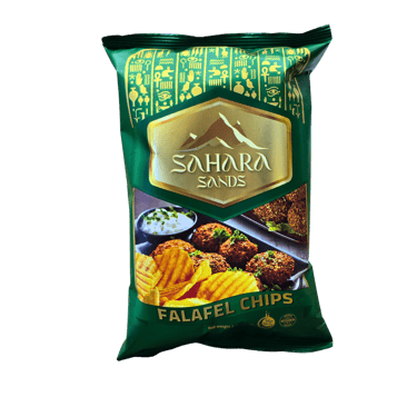 A green bag of Sahara Sands Falafel Chips with ancient Egyptian hieroglyphic patterns.