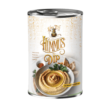 King Tut canned Hummus Dip with Egyptian-style hieroglyphic label