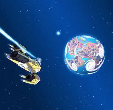 a spaceship flying towards an alien planet.