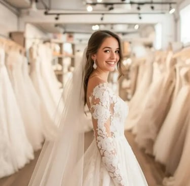 femmes dans boutique de mariage entourée miroirs rayons robes mariée
