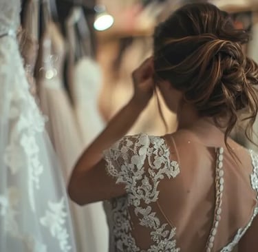 mariée regard les portants de robes de mariée