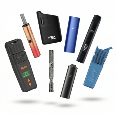 A collection of portable dry herb vaporizers including Pax, Venty, and Fenix models on a white background.
